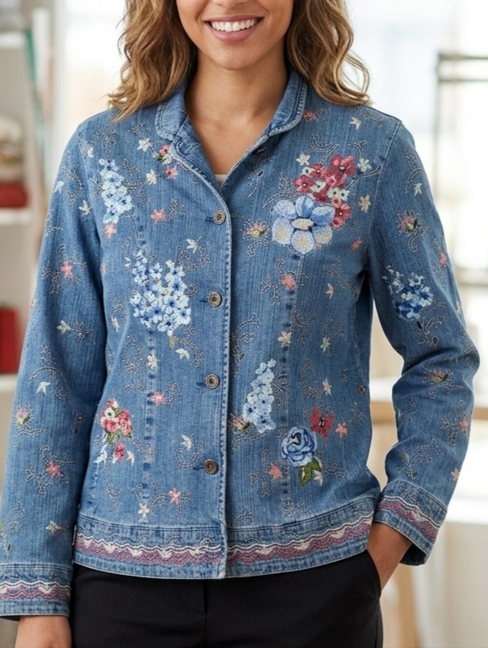 Denim&Co Vintage Women's Floral Embroidered Denim Jacket - Blue